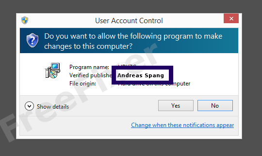 Screenshot where Andreas Spang appears as the verified publisher in the UAC dialog